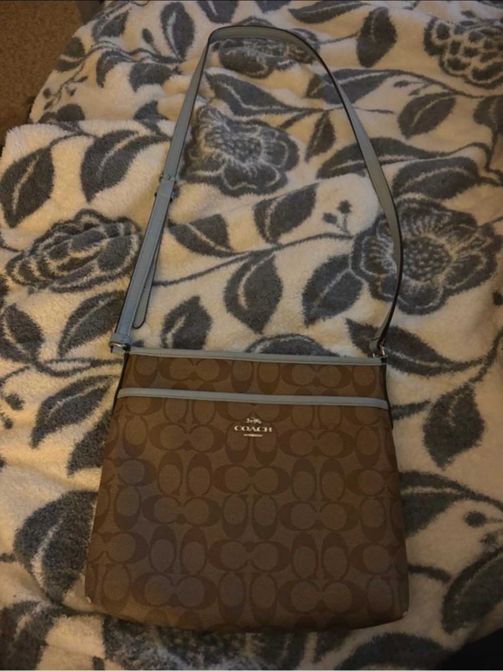 Coach Brown Signature Crossbody with Light Blue Trim